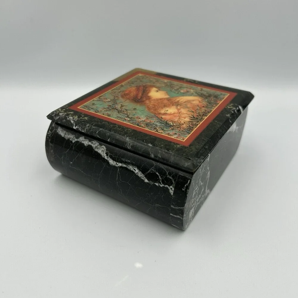 Vintage Edna Hibel Square Marble Lidded Trinket Box‎ 4